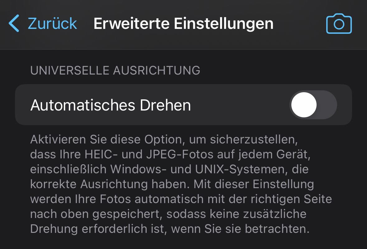 Automatisch Drehen Option in ProCamera Automatisch Aufnahmen drehen