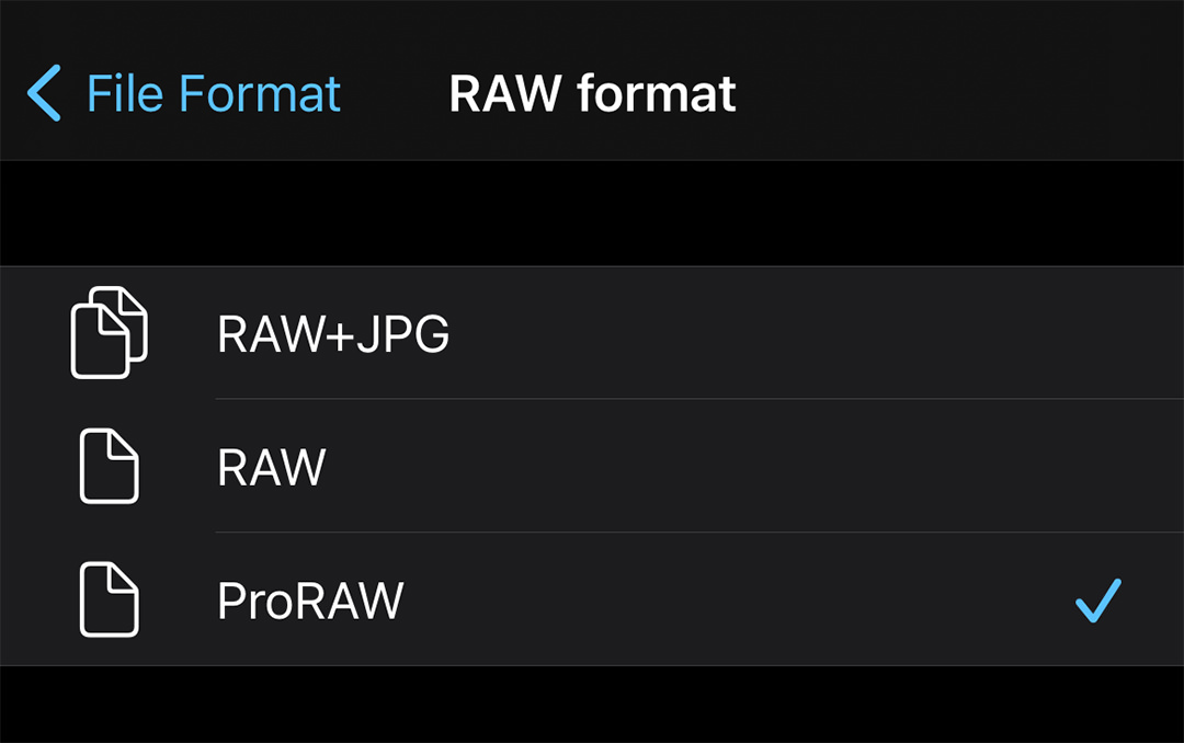 ProCamera RAW ProRAW File Format Selection Screenshot RAW File Format Selection in ProCamera