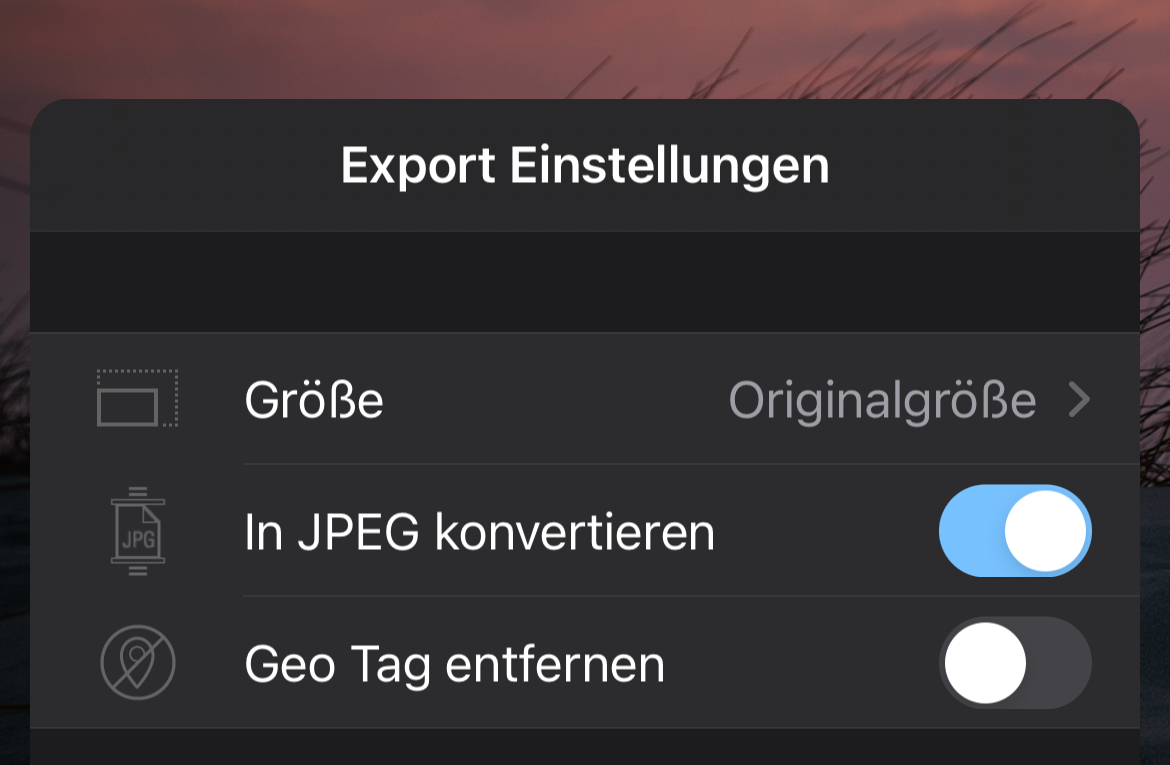 Export-Einstellungen in ProCamera